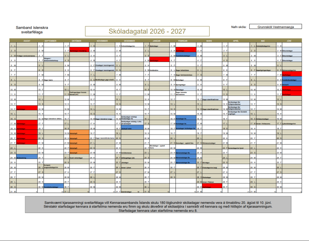 Skóladagatal fyrir skólaárið 2026-2027