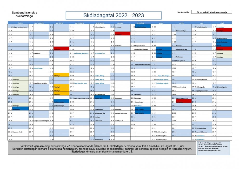 Breytingar á núverandi skóladagatali