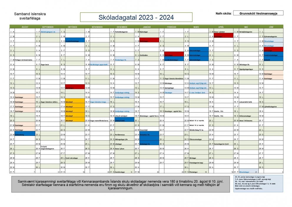 Skóladagatal næsta skólaárs