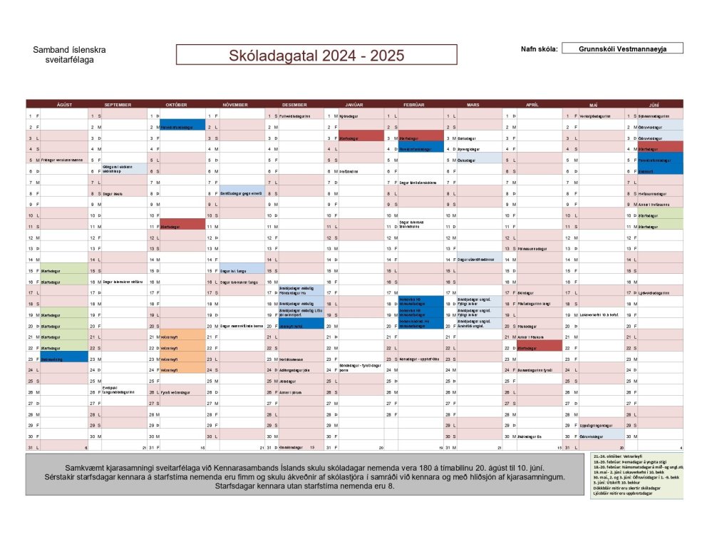 Skóladagatal næsta skólaárs